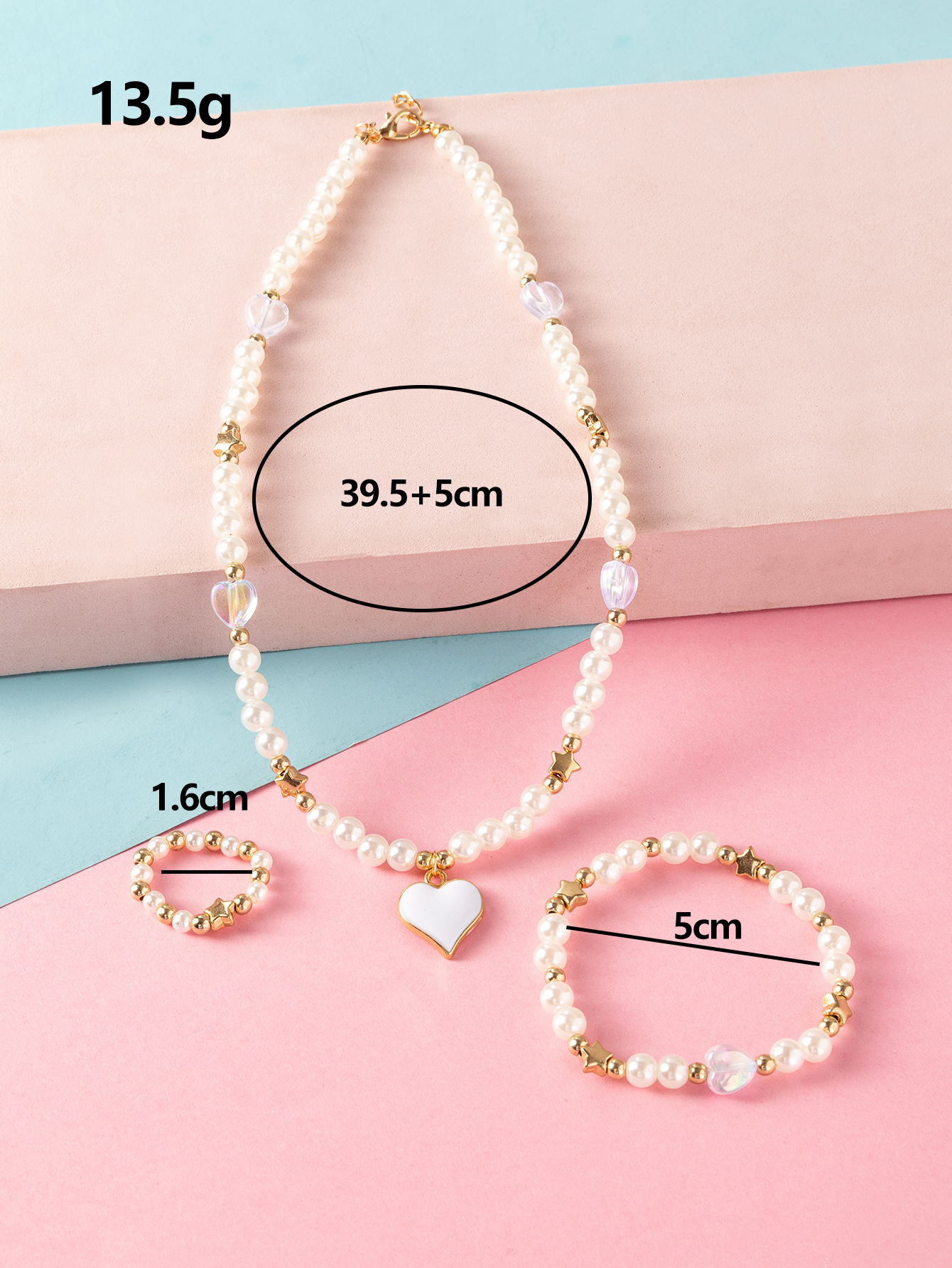 New Fashion Cute Heart Pendant Pearl Bead Necklace Ring Bracelet Children's Jewelry 3-piece Set display picture 1