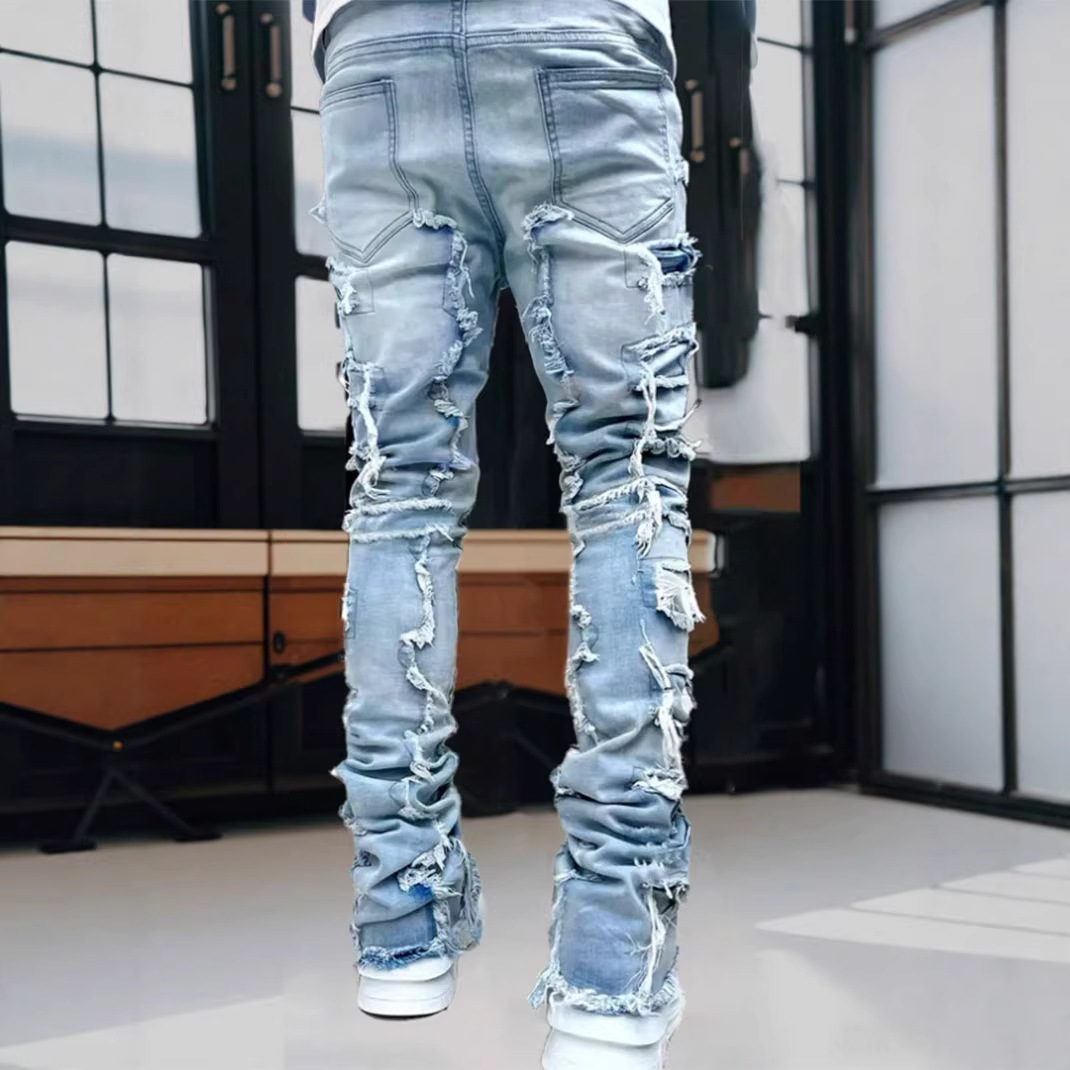 Men's Distressed Denim Jeans Slim Straight High Street Fashion Patchwork Raw Hem Casual Breathable Cotton Blend Pants_mkmklike.com