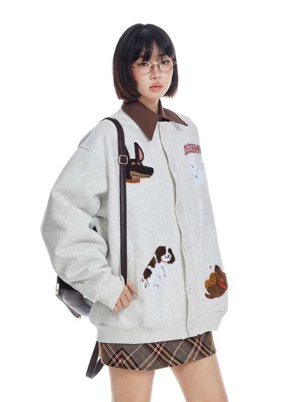 2025春秋新作無性別風学院子犬刺繍布飾り丸襟カーディガン男女ジャケット|undefined