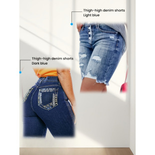 R 48501 Ripped Fringed Denim Quarter Pants �ƶ�ë߅ţ���ķ�