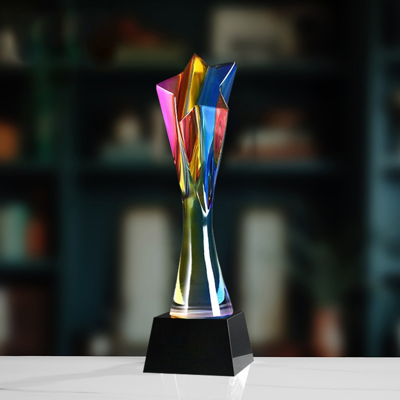 Trofeo de cristal de grabación reunión anual de competición de premios medallas de metal de madera sólida colorido trofeo de cristal impreso