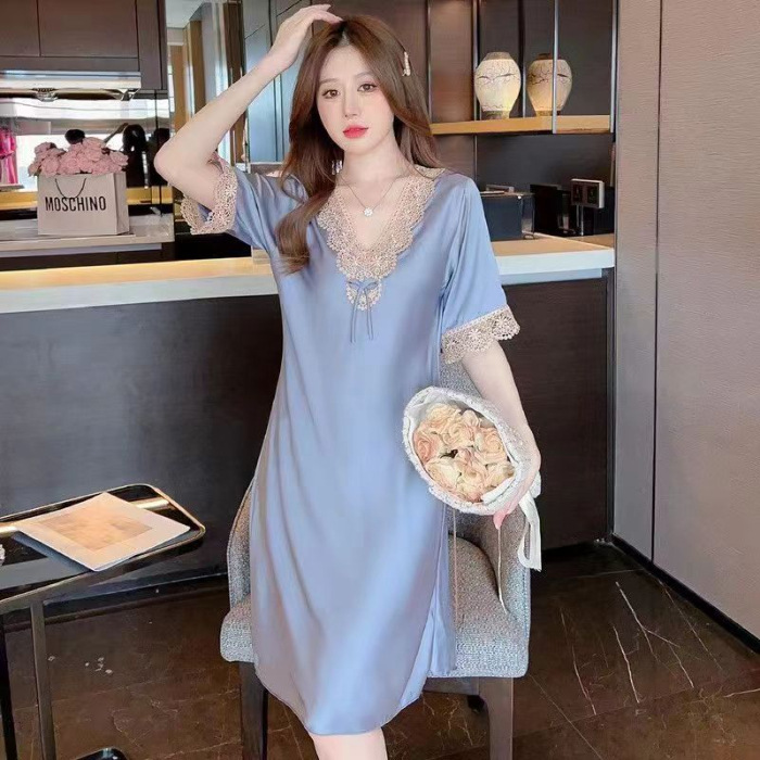 2024 verano hielo pijama delgado dulce sexy encaje bordado vestido de mangas cortas pijama ropa para el hogar de chicas