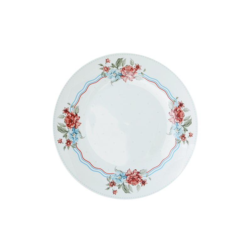 Flores románticas de alto valor de hueso de porcelana platos de cubierta casados nuevos cubiertos de cerámica esmaltados platos de platos de comedor occidentales de color plano