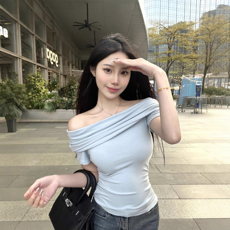 Douyin オリジナル品質 260 グラム 1*1 スレッドレーヨンテープ改ざん防止バックルワンショルダー半袖 T シャツ|undefined