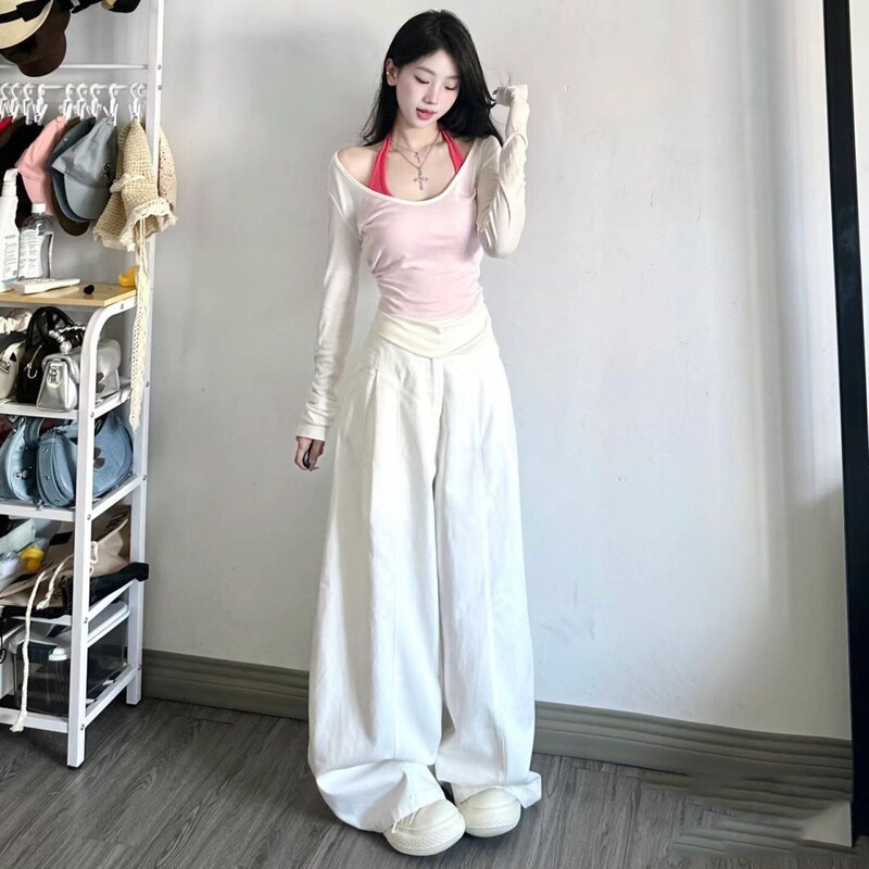 夏の長袖Tシャツトップスブラウスとキャミソールレディースツーピーススーツ白日焼け止め服ルーズホットガール|undefined