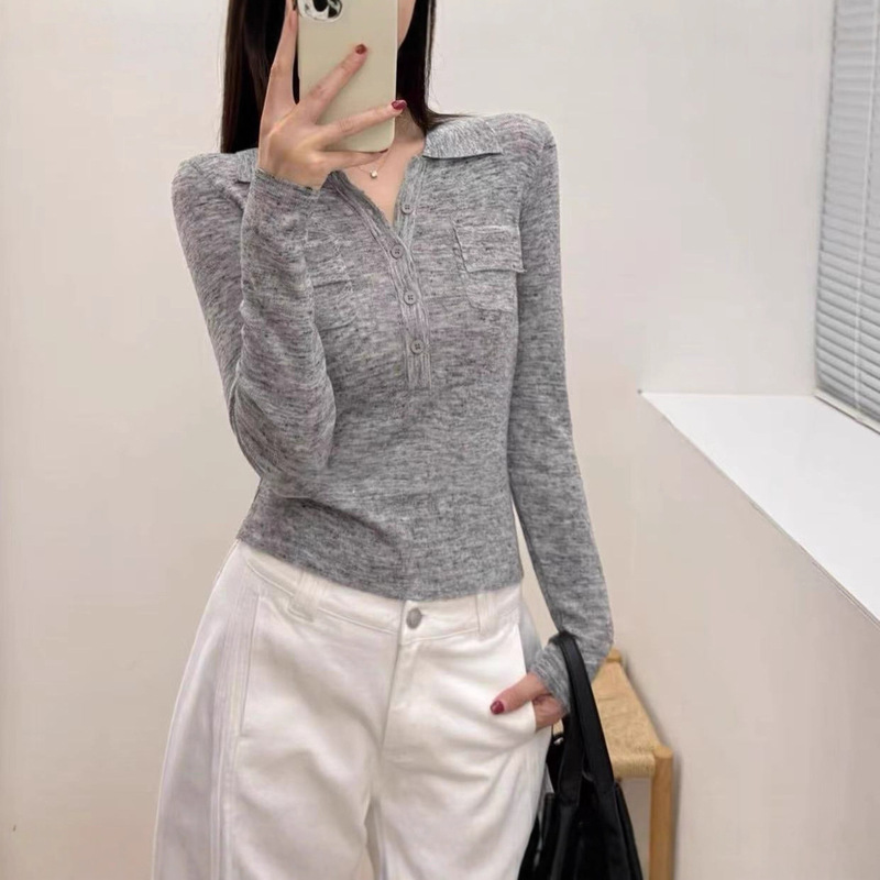 韩系设计感别致减龄polo领长袖针织衫女秋新款双口袋洋气百搭上衣|undefined