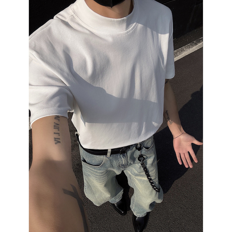 Wang Jiaer Same Style Half High Collar Pad Shoulder T-shirt Men's Summer Clean Fit Small Neck Base Shirt Heavy Half Sleeve