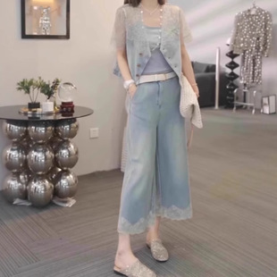 Korean Petite Tencel Eight-Point Lace Jeans Women's Summer Thin Loose Straight Wide-Leg Pants