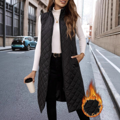 秋冬女士时尚长款/棉服马甲外套/纯色长款膝盖棉服马甲外套