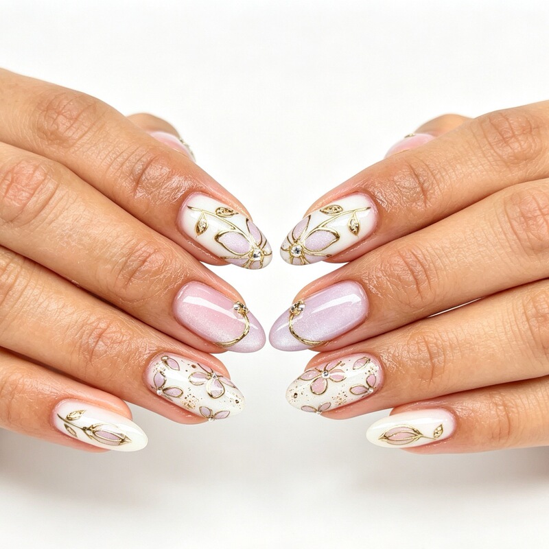 Wearable almond-shaped nails with a gentle French floral design, white and pink base color, gold lines, and hollowed-out floral nail stickers Wearable almond-shaped nails with a gentle French floral design, white and pink base color, gold lines, and hollowed-out floral nail stickers