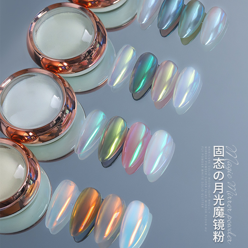 Internet celebridad uñas sólido Aurora polvo súper brillante luz de la luna blanco Hada espejo harina hielo transparente espejo mágico polvo de brillo polarizado polvo no flotante