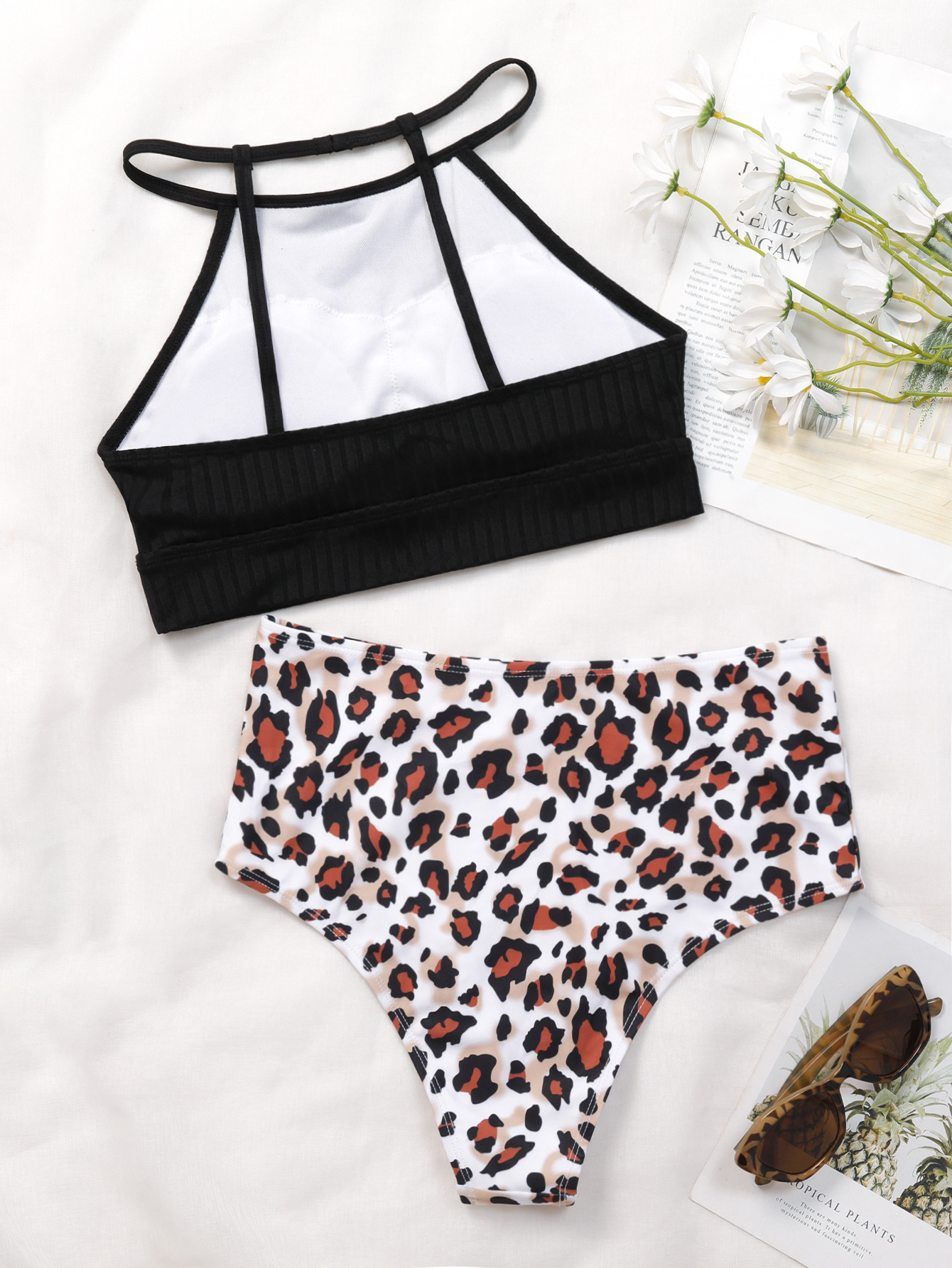 Black Pit Striped Vest Leopard Print High Waist Pants Tankini NSFPP94461