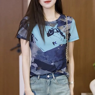 Skin Gauze Shirt 2025 Flesh-Covering Slimming Look Top Summer New Round Neck Short-Sleeved Fashion Positioning Printed Bottoming Shirt
