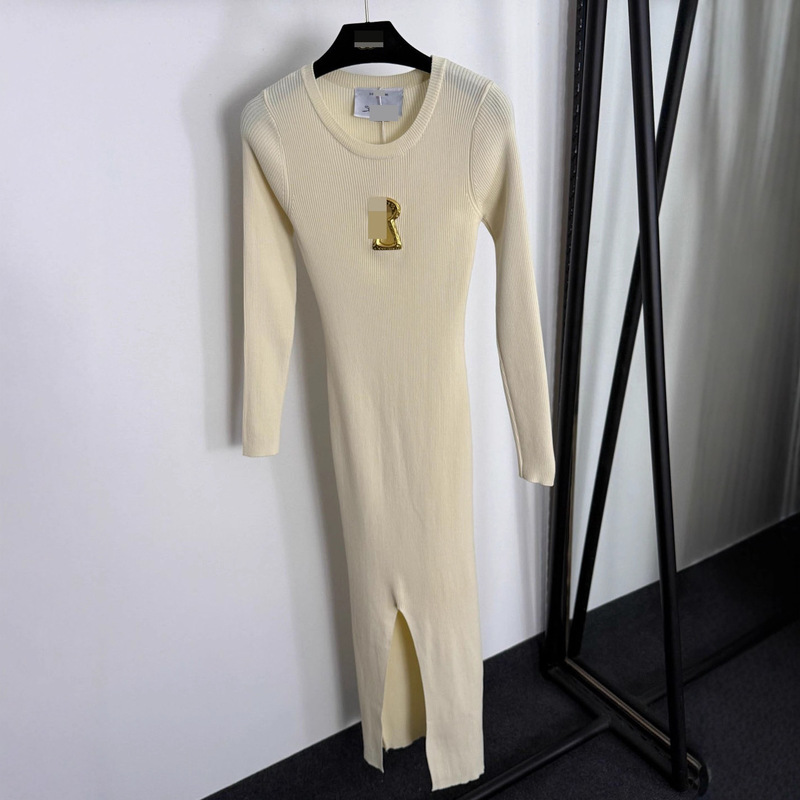 Shenzhen Nanyouhuo High-End Cross-Border Best-Selling Slim-Fit Metal-Decorated Hollow-Out Bodycon Slit Knit Long-Sleeve Dress