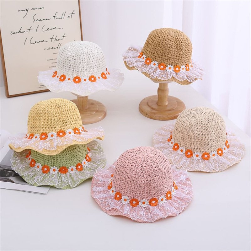 Sombrero de bebé para niños de verano, sombrero para el sol para niñas, sombrero de princesa de margarita de encaje, sombrero de paja de protección solar hueco y transpirable