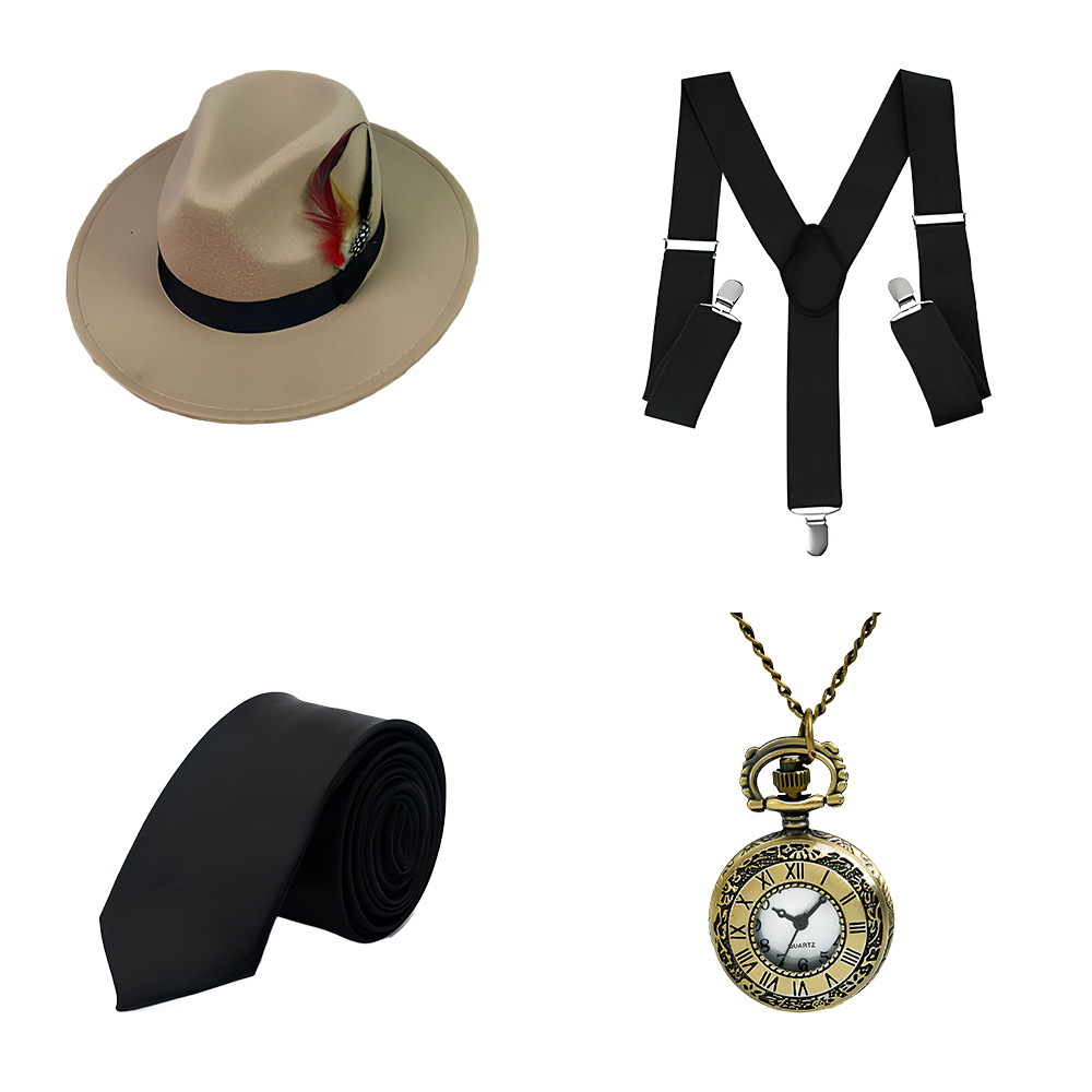1920s Gatsby Party Dress Up Correa Reloj de bolsillo Barba falsa Traje Vestido de moda Sombrero de copa Corbata Años 20