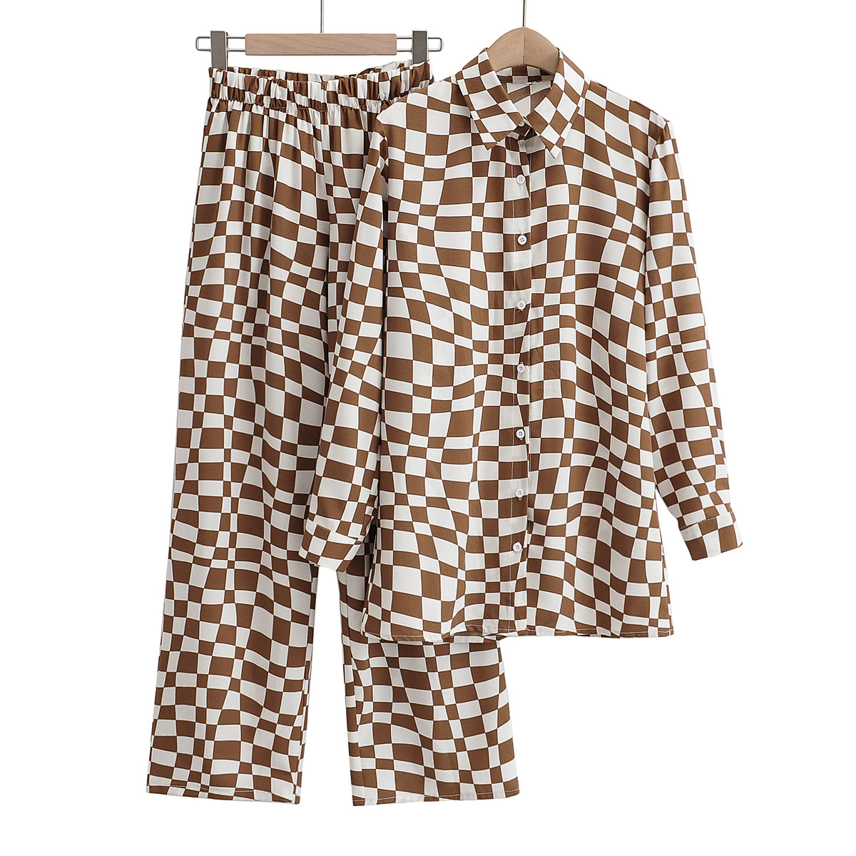 Checkerboard Printed Shirt Loose Trousers Set NSLQS101832