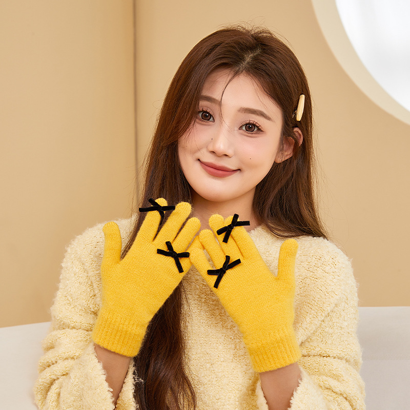2023年冬季新品五指純色保暖針織手套女士蝴蝶結學生防寒毛線手套