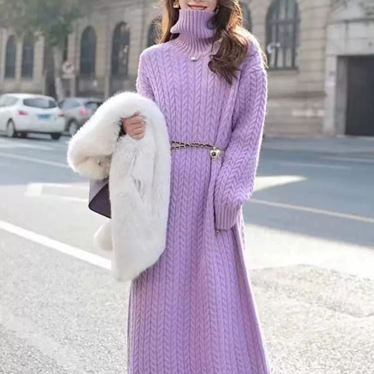 慵懒风麻花针织连衣裙女秋冬新款内搭配大衣高领毛衣裙经典休闲风