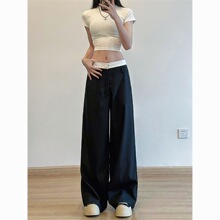 美式垂感高腰阔腿西装裤女春秋季撞色韩版简约直筒显瘦通勤裤子女