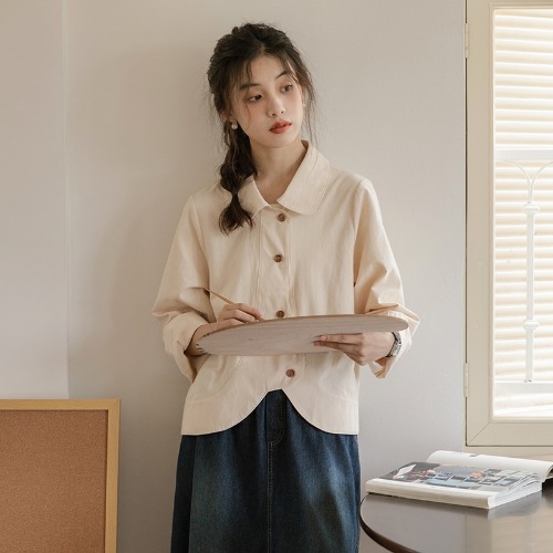 日系磨毛宽松显瘦设计感衬衫上衣女2025早秋款Polo领长袖开衫衬衣|undefined
