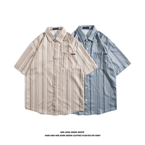 Japanese Striped Short-Sleeve Shirt for Men and Women, Summer Trend Brand, Loose Fit Couple Casual Collared Work Shirt and Jacket