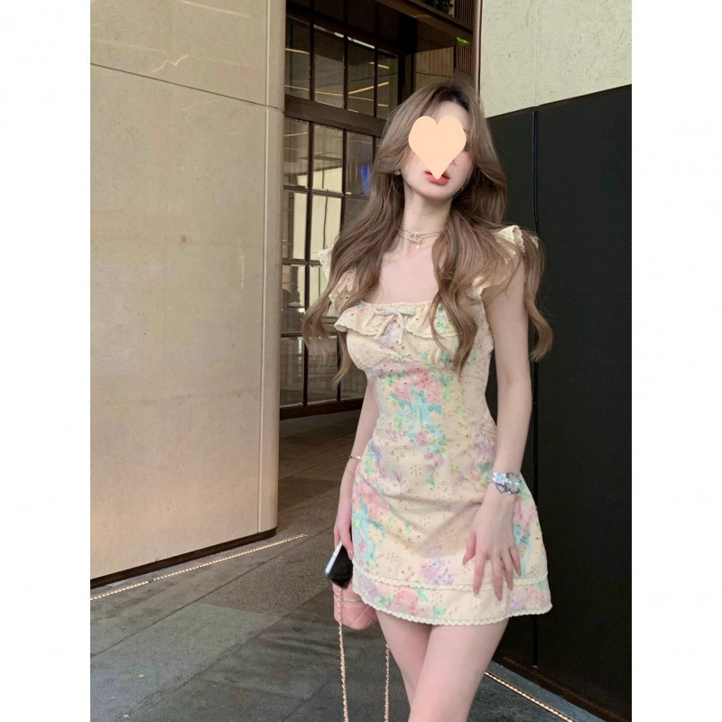 Короткая юбка с цветочным принтом во французском стиле, платье с цветочным принтом, платье для отдыха на море, пляжная юбка для горячей девушки