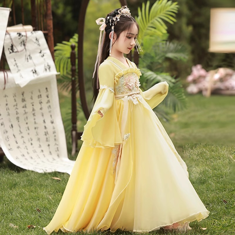 New yellow Hanfu for girls, ancient-style, fairy-like children's ancient costume, modified Ruqun, Guzheng classical dance performance attire