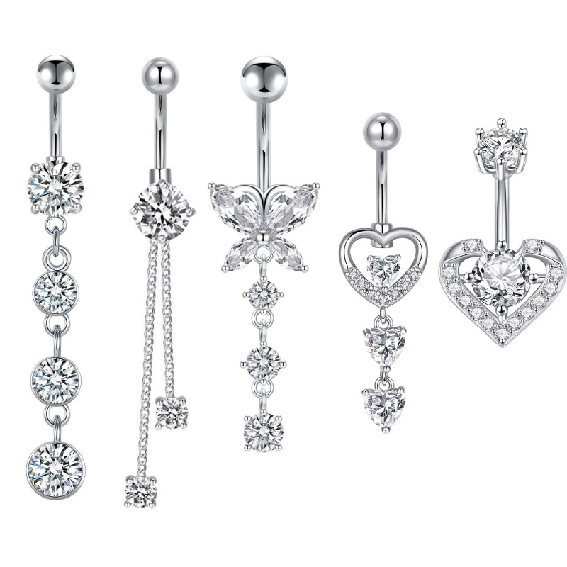 Weißer, borderoverbreiteter Bauchnabelpiercing-Ring aus Titanstahl mit Blumenmuster, langes Zirkonia-Gewinde_voghion.com