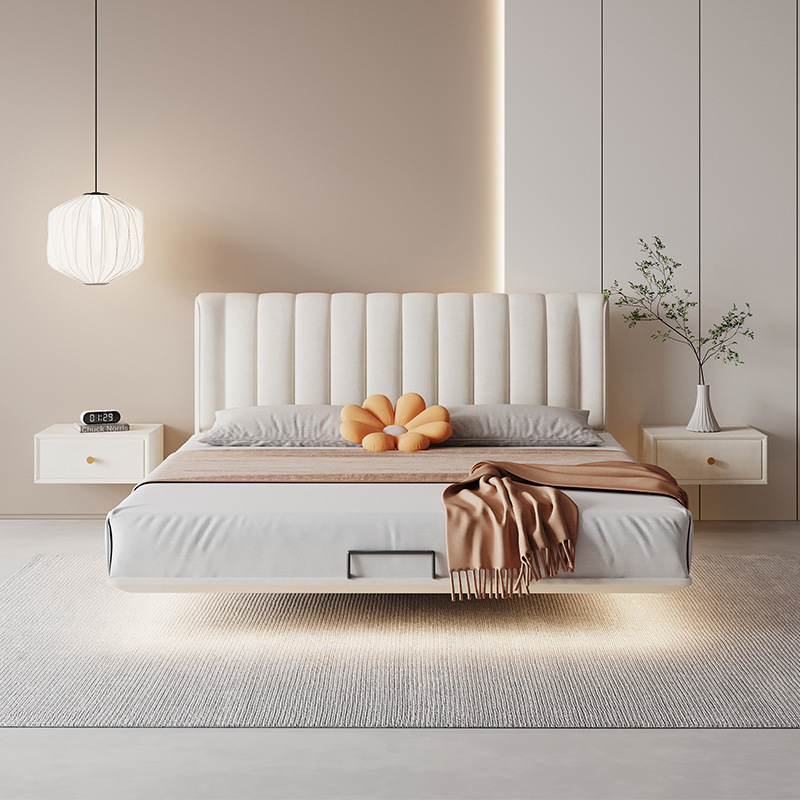 Floating bed cream style light luxury modern Nordic simple internet celebrity ins cream style master bedroom double leather bed floating empty bed Floating bed cream style light luxury modern Nordic simple internet celebrity ins cream style master bedroom double leather bed floating empty bed