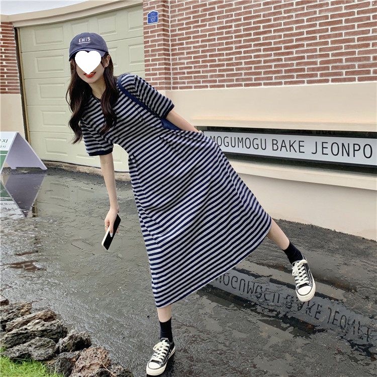 棉料条纹连衣裙女夏季休闲宽松大码遮肚子过膝收腰显瘦长款T恤裙