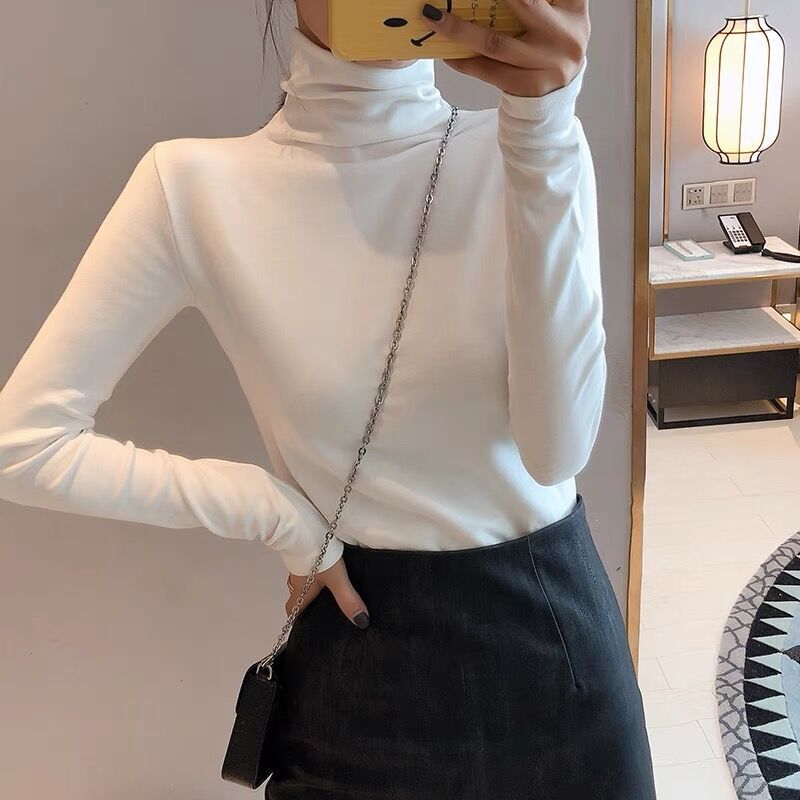 High-Neck Slouchy Collar Thickened Thermal Base Layer Women's Autumn and Winter Brushed T-Shirt Slim Long-Sleeve Versatile Top