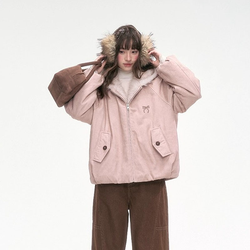'Misty Peach Velvet Pocket' Winter Eco-Friendly Fur Jacket Warm Cotton Reversible Parka Jacket