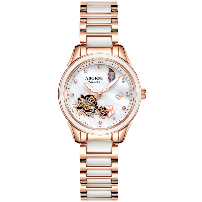 Asian Platinum Butterfly Love Flower Series Women's Watch Fashion Light Luxury Automatic Mechanical Watch Hollow Ceramic Belt Waterproof Women's Watch