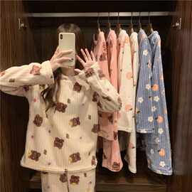 新款暖暖套装小熊珊瑚绒睡衣女秋冬加厚两件套居家服印花月牙套装