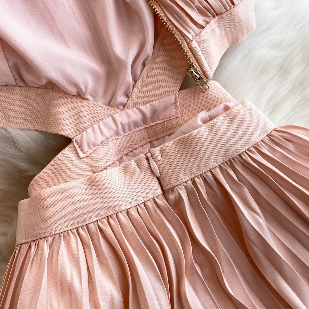 Women's Clothing Sexy Backless Hollow Halter Neck Long Dress Beach Vacation Style Pleated Skirt For Casual Party Evening_ecoleips.com
