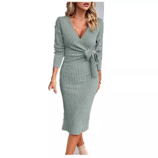 Elegant V-Neck Long Sleeve Wrap Dress With Belt Detail - Stylish Knitted Midi Dress For Women, Office & Evening Wear (Gray, Black, Beige, Ocean Green)_ecoleips.com