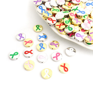World Aizi Day Promotional Logo Colorfulful Ribbon Alloy Dripping Oil Beads Straight Hole Beaded DIY Bracelet Necklace With