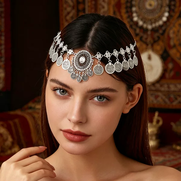 European and American metal headpieces, retro ethnic-style alloy coin tassel hair chains, Kazakhstan coin hair chains