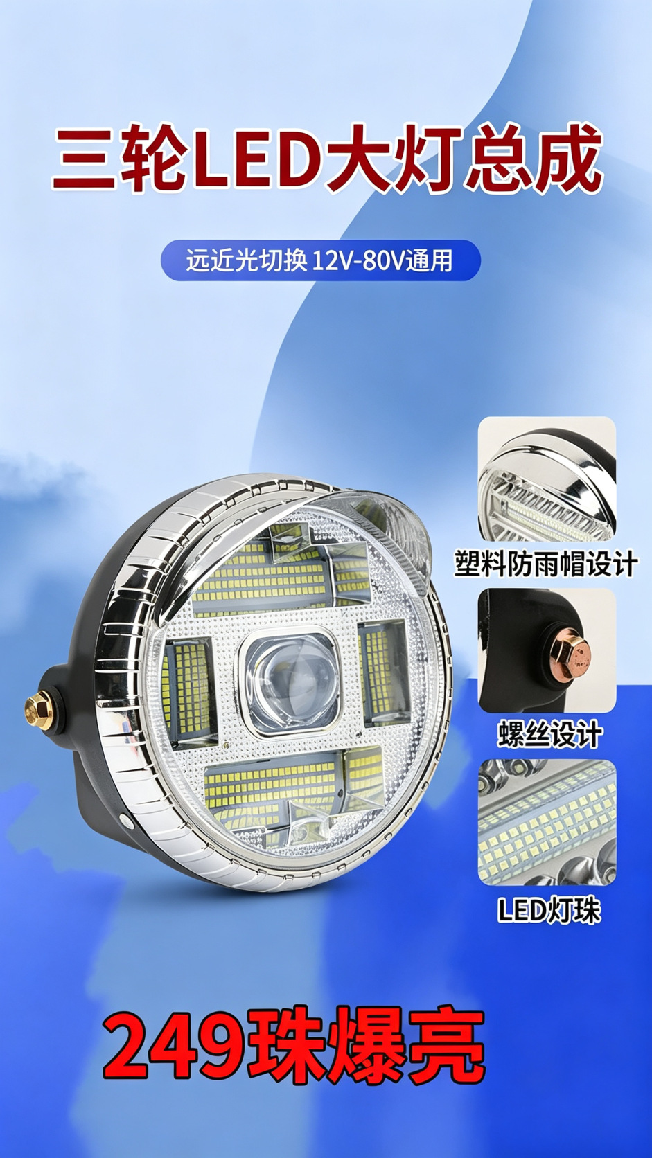 Electric Tricycle LED Front Headlight Motorcycle Super Bright Modified Round Headlight 12v-80V Universal Electric Vehicle Headlight
