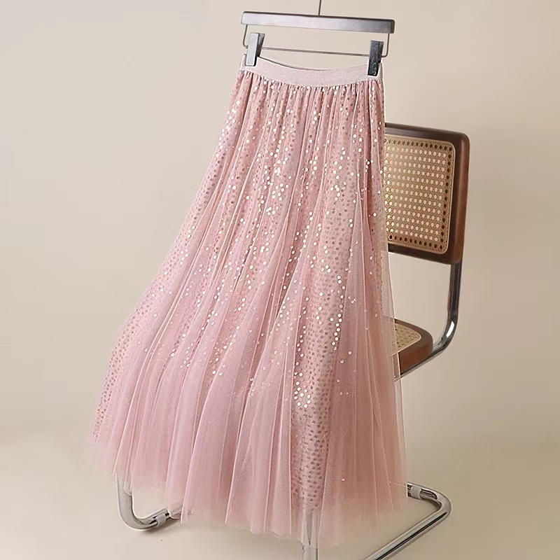 Fantasy French Mesh Sequin Skirt for Women 2025 New Style Drapey High Waist Slimming Look A-Line Large Hem Umbrella Skirt Beads