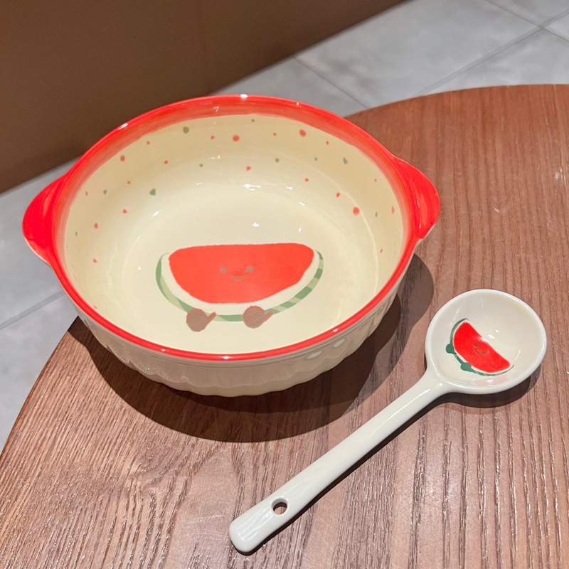 6-inch double-ear noodle bowl - red watermelon + exclusive spoon