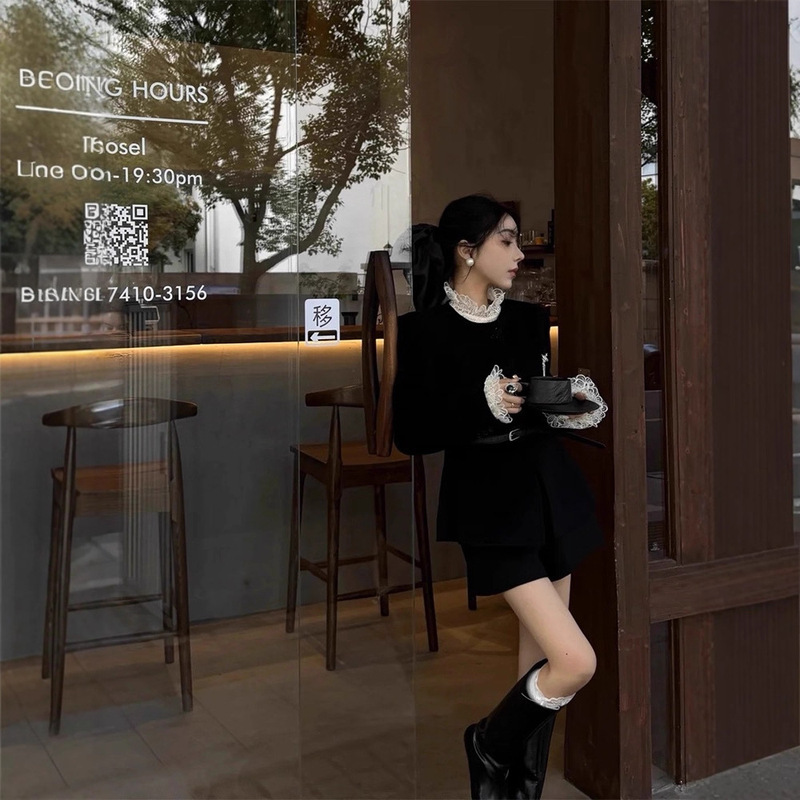 Tweed Style Suit Women's Autumn and Winter New Elegant Black Long-Sleeved Jacket with Lace Shirt Shorts Three-Piece Trendy Set