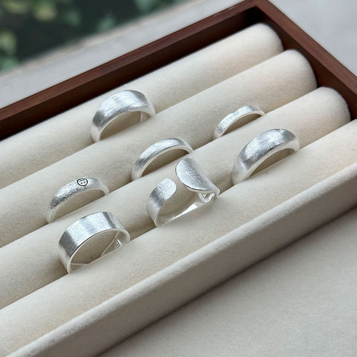 S925 Pure Silver Brushed Ring Set Layered Mixed Batch Option Shiny Silver Sandblasting Process Index Finger Ring Wholesale