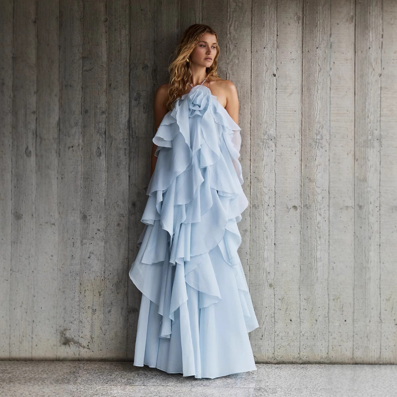 European and American Cross-Border 2025 Summer Women's New Stereo Flower Ruffle Suspender Holiday Style Dress Bridesmaid Dress