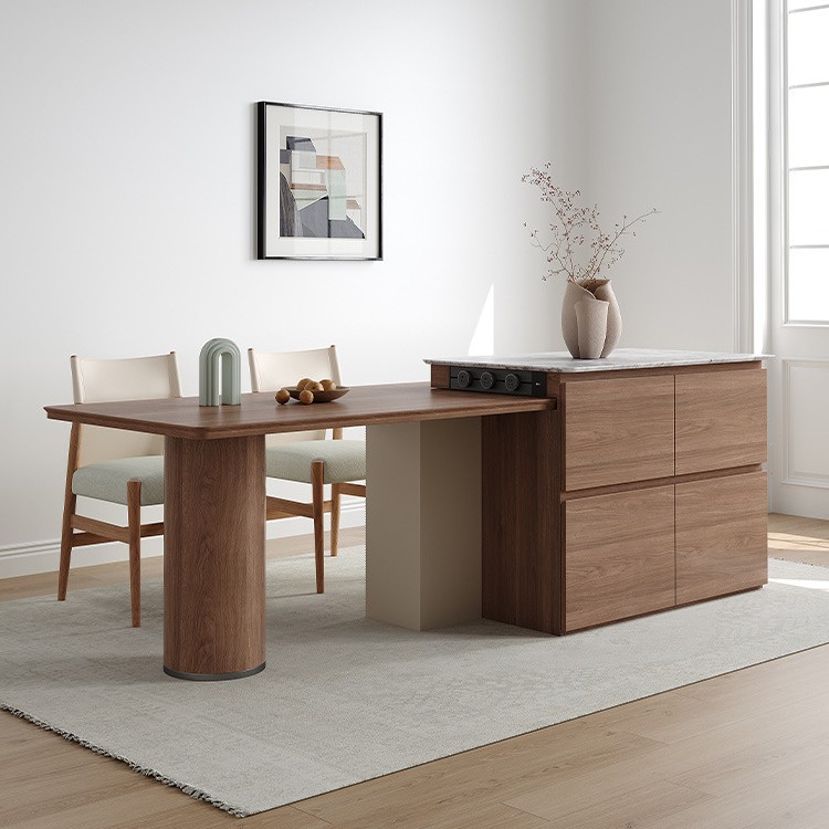 Mesa guía y mesa de comedor integrada mármol retráctil, grano de madera de nogal negro, lujo ligero, sensación de alta gama, almacenamiento doméstico de Nakajima