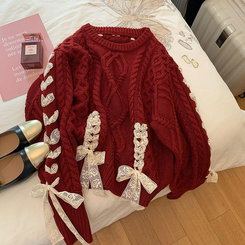 Cherry Red Twist Strap Sweater for Women Spring, Autumn and Winter New Style Christmas Sweet Bow Knitted
