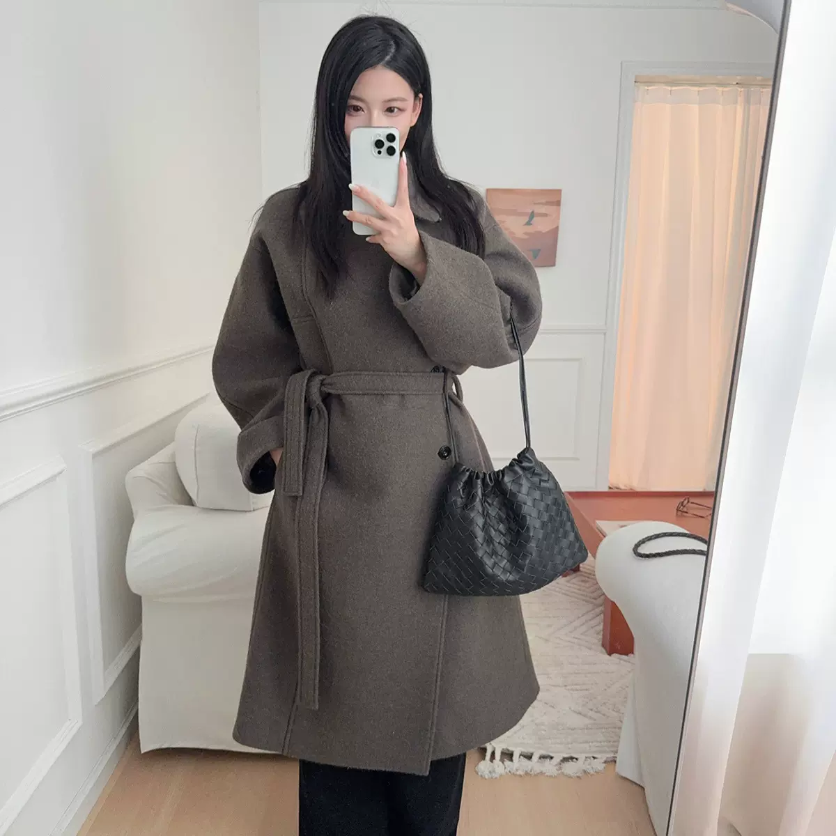 碳灰色羊毛大衣女26秋冬新款高级感系带加厚长款毛衣大衣立领风衣