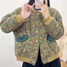 复古棉麻碎花棉衣2023冬季新款夹棉加厚印花棉服外套女棒球领上衣