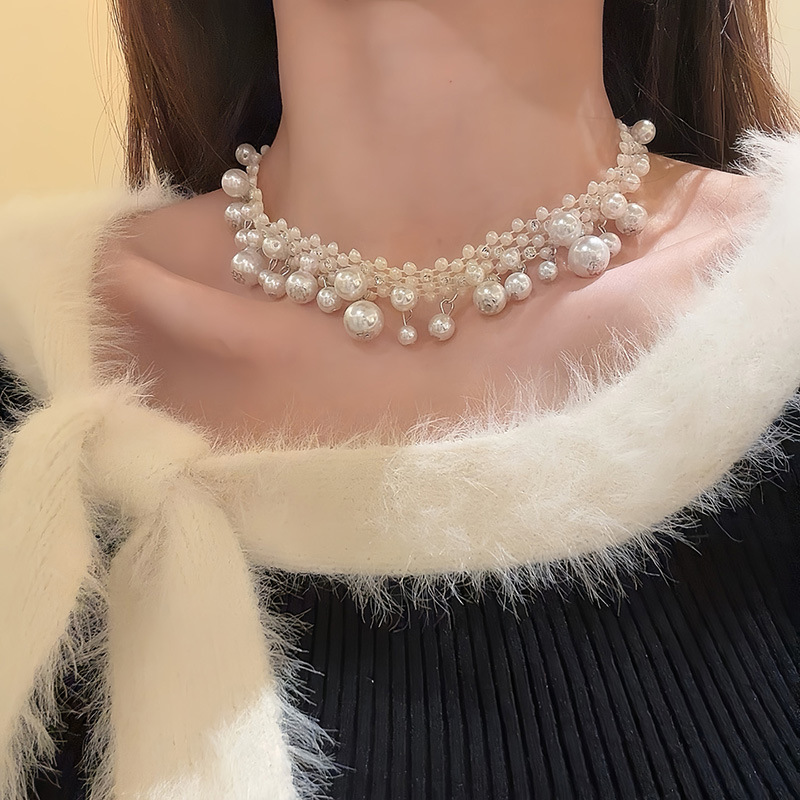 Collier ras du cou en diamants et perles, style rétro français, léger, luxueux et élégant._voghion.com